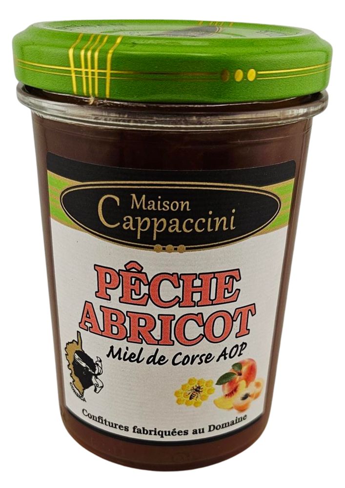 Confiture pêche, abricot et miel Cappaccini – 240 g.